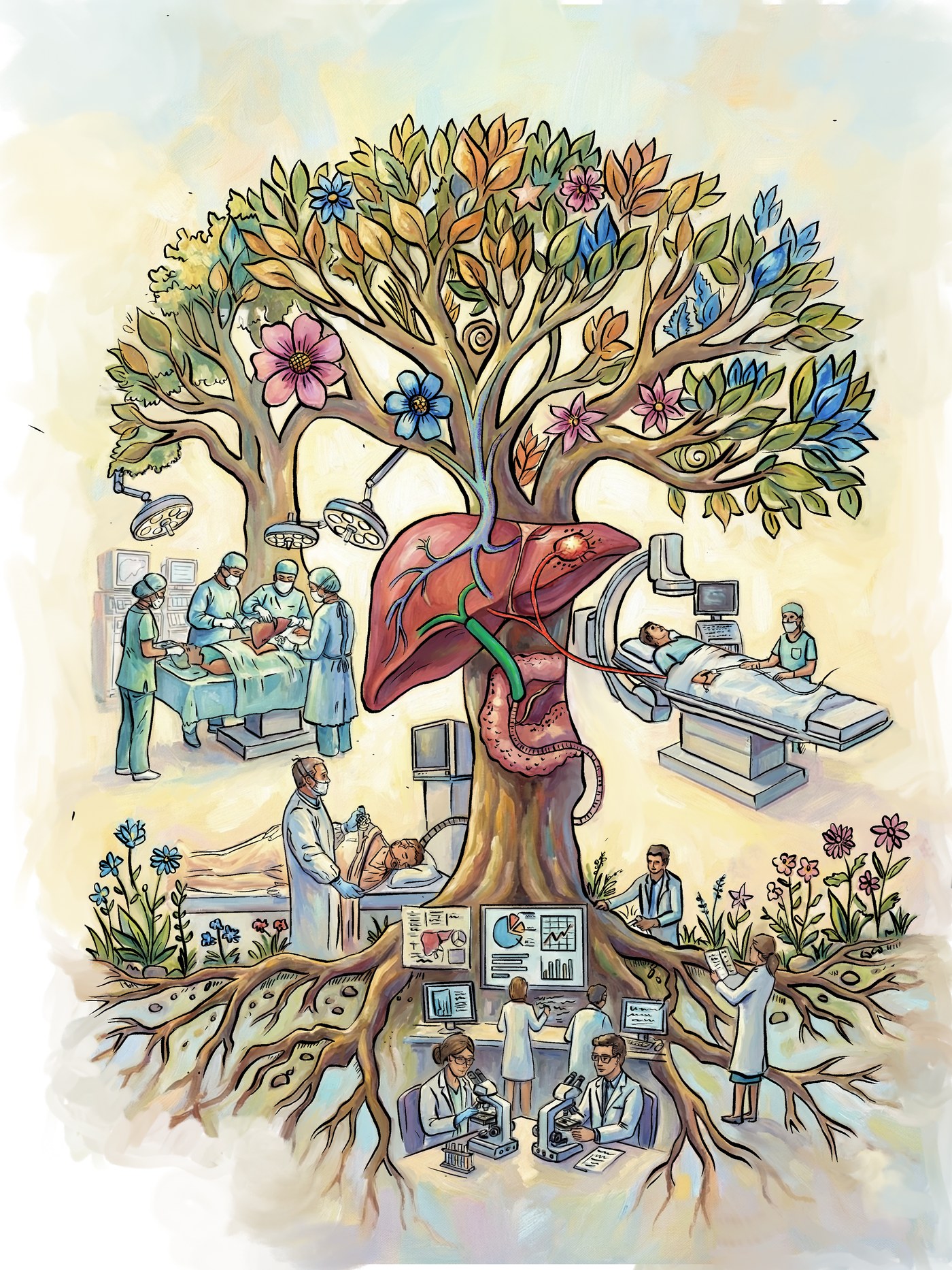 Hand-painted illustration of a tree growing from a liver, its branches and roots filled with scenes of surgery, angiography, teaching and research